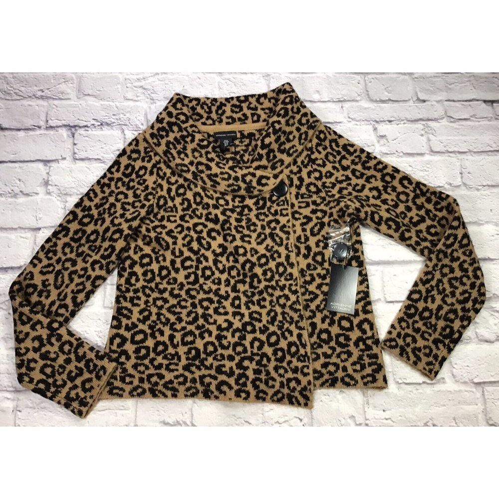 Adrienne Vittadini Sweater Womens Medium Leopard Print Wool Blend Cardigan